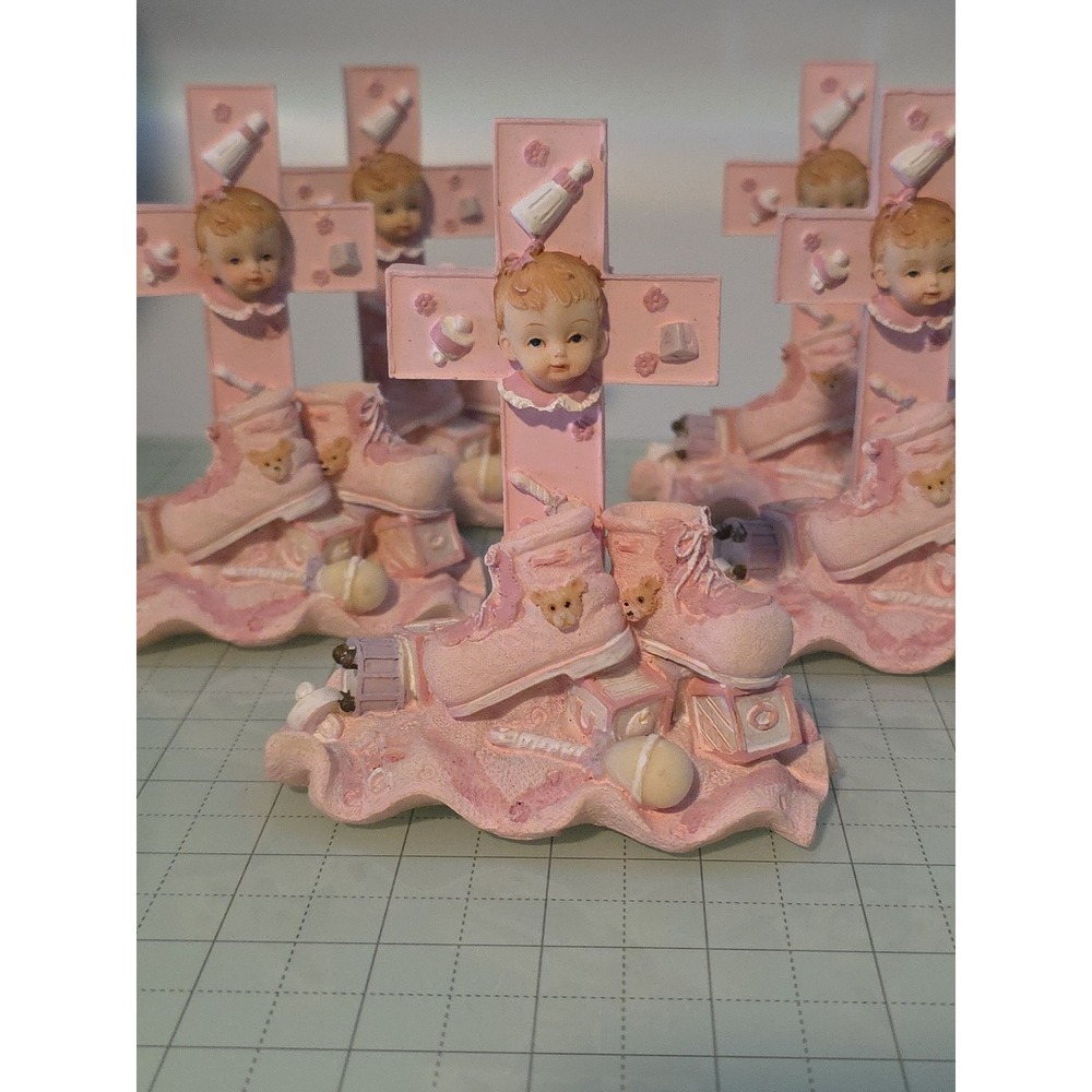 Pink Cross with Little Girl Face Resin Baptism‎ or Nursery Gift Lot Of 5